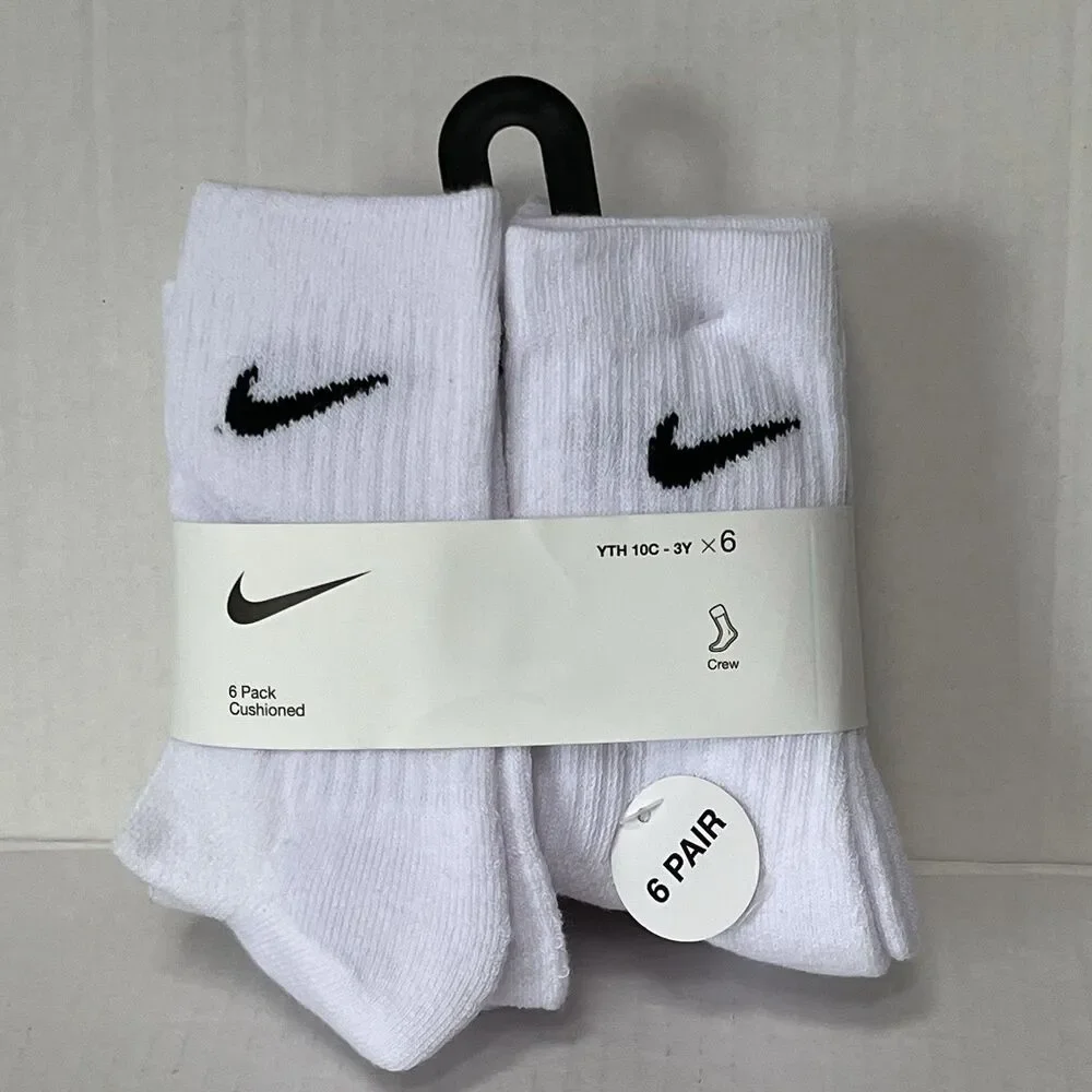 NIKE Boys Cushioned Crew Socks (6 Pairs) Sz 5-7 Fits Youth Shoe Sz 10C-3Y White